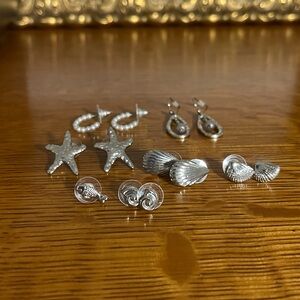 Silver Seashell & Starfish Earring Set - 6 Pairs